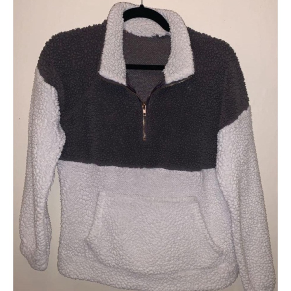 Fuzzy white and gray color block pullover